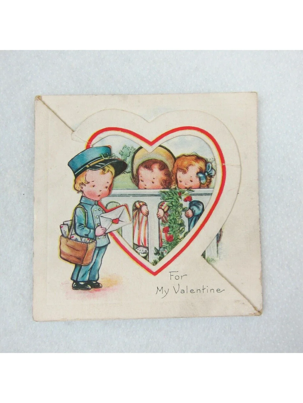 Vintage Valentine Card Foldout Stand Up Postman Boy & Girls at Fence 1920-30s